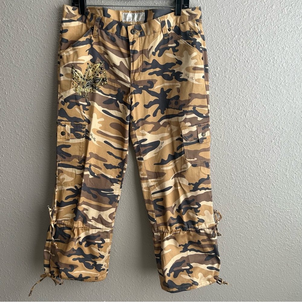 Baby Phat Y2K Brown Tan Camo Cargo Wide Leg Embellished Rhinestone Pants - Picture 3 of 14